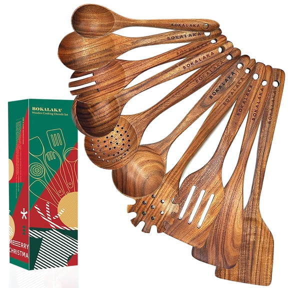 Christmas Wooden Spoons for Cooking,10 Pcs Natural Teak Wooden Kitchen Utensils Set Wooden Cooking for Xmas Kitchen Supplies(10 PCS Xmas Gift) Y101