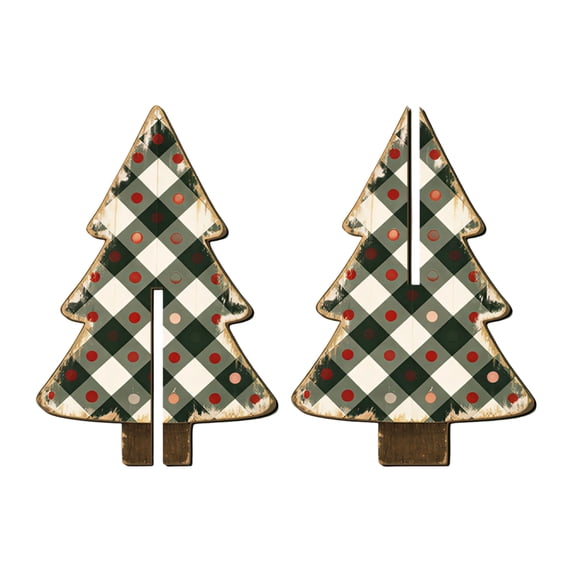 Christmas Wooden Tree Tabletop Decoration, 2-Piece Interlocking Green Plaid Ornament for Mantel Shelf Holiday Decor, 5.82 in