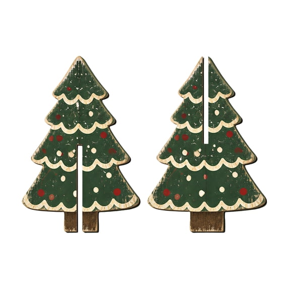 Christmas Wooden Tree Tabletop Decoration, 2-Piece Interlocking Green Scalloped Ornament for Mantel Shelf Holiday Decor, 5.82 in