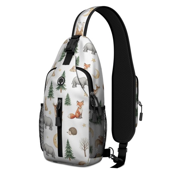 Christmas Woodland Animal Pattern Sling Backpack, Travel Shoulder Pack with Earphone Port, Adjustable Strap Gift Ideas for Travel Shopping