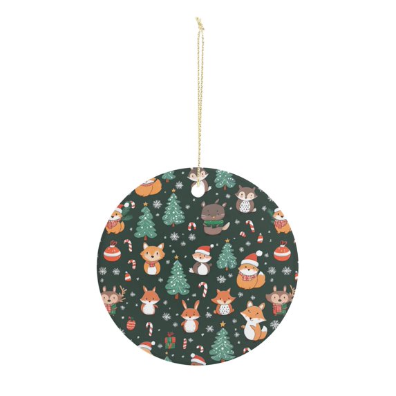 Christmas Woodland Animals Pattern Christmas ornament, Christmas decoration, holiday present idea, heirloom keepsake, round ceramic, gift Exchange, bauble present, gift idea