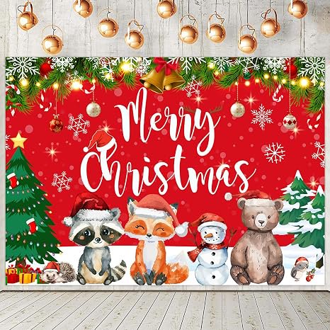 Christmas Woodland Theme Background Cloth 1 x 6.9 ft Red Green Holiday Party Backdrop Banner Vinyl Photo Wall Decor With Four Corner Eyelets And 19.7ft White Satin Ribbon Indoor Outdoor Celebration
