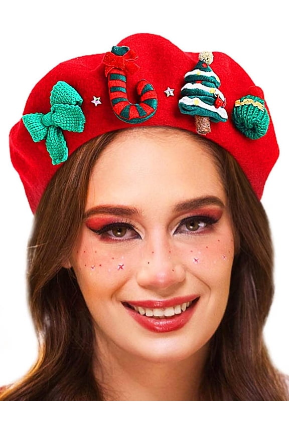 Christmas Wool Beret Hat Red French Beret Cap Winter Warm Beanie Cap Christmas Tree Headwear for Women and Girls
