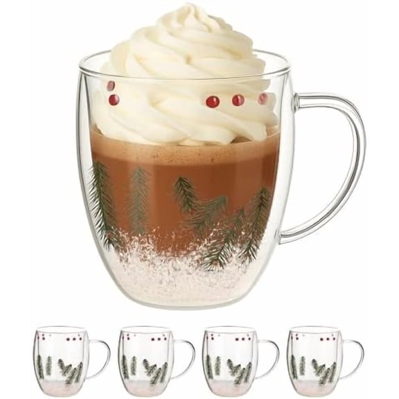Christmas World 12cm Borosilicate Double Wall Glass Mug 11oz with Christmas Things Design Inside, Set of 4
