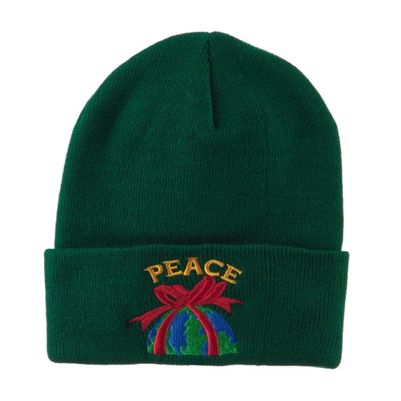 Christmas World Peace Embroidered Beanie - Green OSFM
