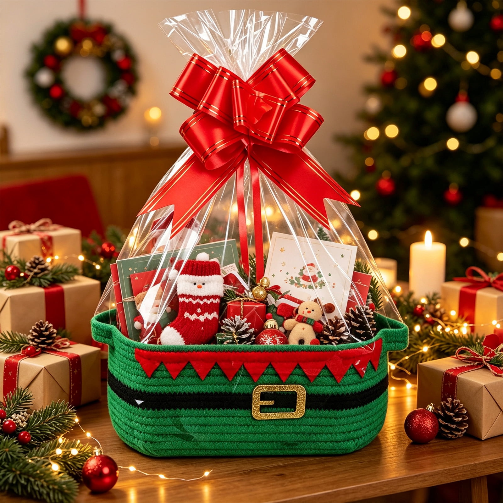 Christmas Woven Gift Basket with Cellophane Bag and Bow, Santa Belt ...