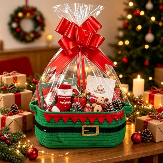 Christmas Woven Gift Basket, Cotton Rope Storage Basket with Gift Bag and Bow for Tabletop and Holiday Giving, 12.2 in
