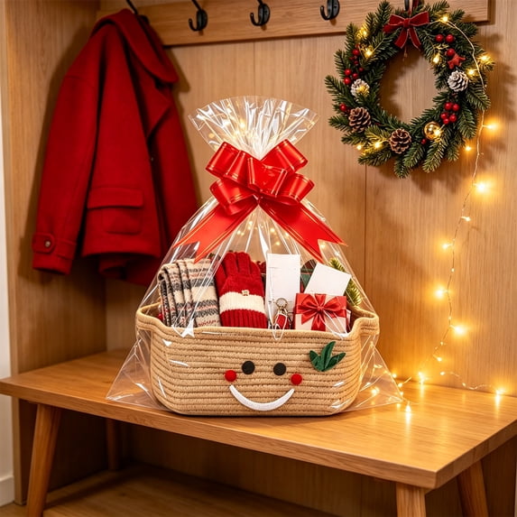 Christmas Woven Gift Basket, Cotton Rope Storage Basket with Gift Bag and Bow for Tabletop and Holiday Giving, 12.2 in