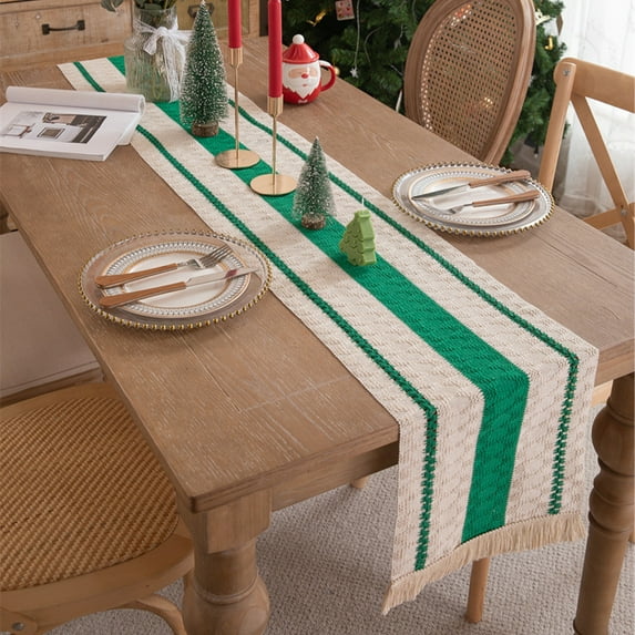 Christmas Woven Table Runner - Two-Tone Color Splicing Tassel Table Flag, Festive Holiday Decoration Long Tablecloth, Elegant Home Dining Table Decor