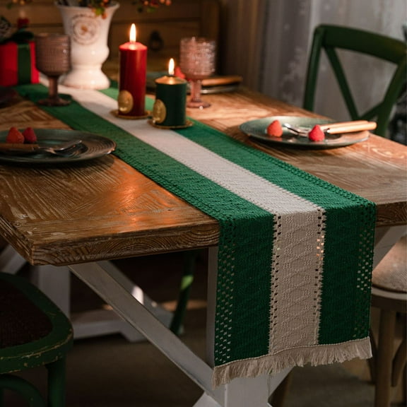Christmas Woven Table Runner - Two-Tone Color Splicing Tassel Table Flag, Festive Holiday Decoration Long Tablecloth, Elegant Home Dining Table Decor
