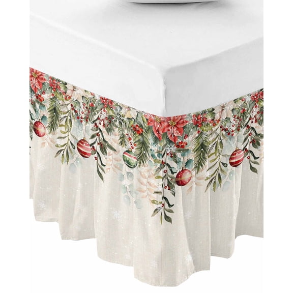 Christmas Wrap Around Bed Skirts for Queen Bed 18" Drop,Bed Skirt with Adjustable Elastic Belt Bedroom Dust Ruffle Bed Valance Hotel Xmas Balls Poinsettia Winter Flower Berry Beige Bed Frame Cover