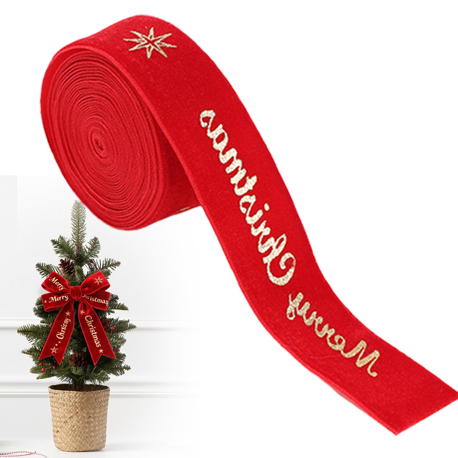 Christmas Wrap Ribbon 200 Cm Christmas Tree Velvet Ribbon with Gold ...