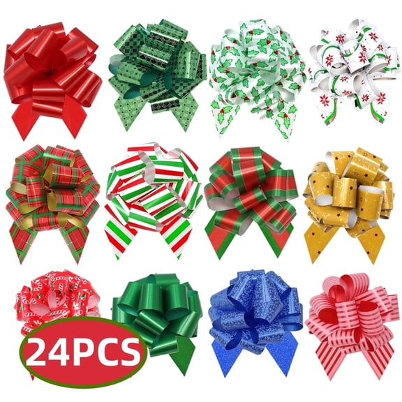 Christmas Gift Bow Christmas Gift Wrap Ribbon Pull Bows 5" Large Gift Bow for Presents, Bows, Baskets,Xmas Gift Wrapping and Decoration 24PCS Style1