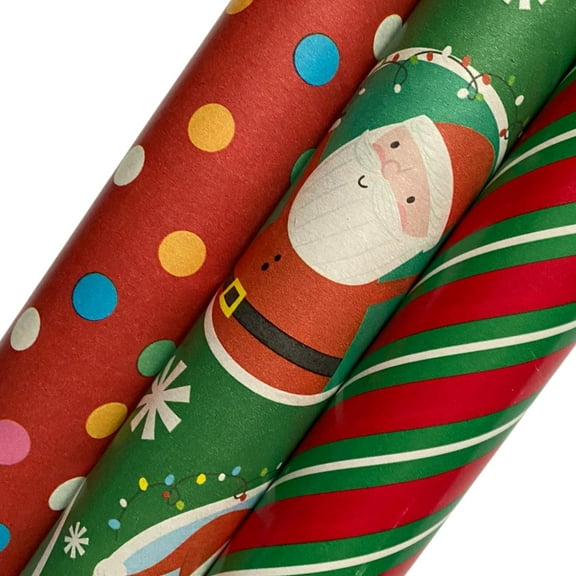 Christmas Wrapper Paper Roll Bundle of 3 2.5 x 10 feet, Gift-wrapping Holiday Winter Season Polka Dots Santa Claus Stripe Red White Green Vintage Cover Package Exchange Gift Giving Experience Party Fa