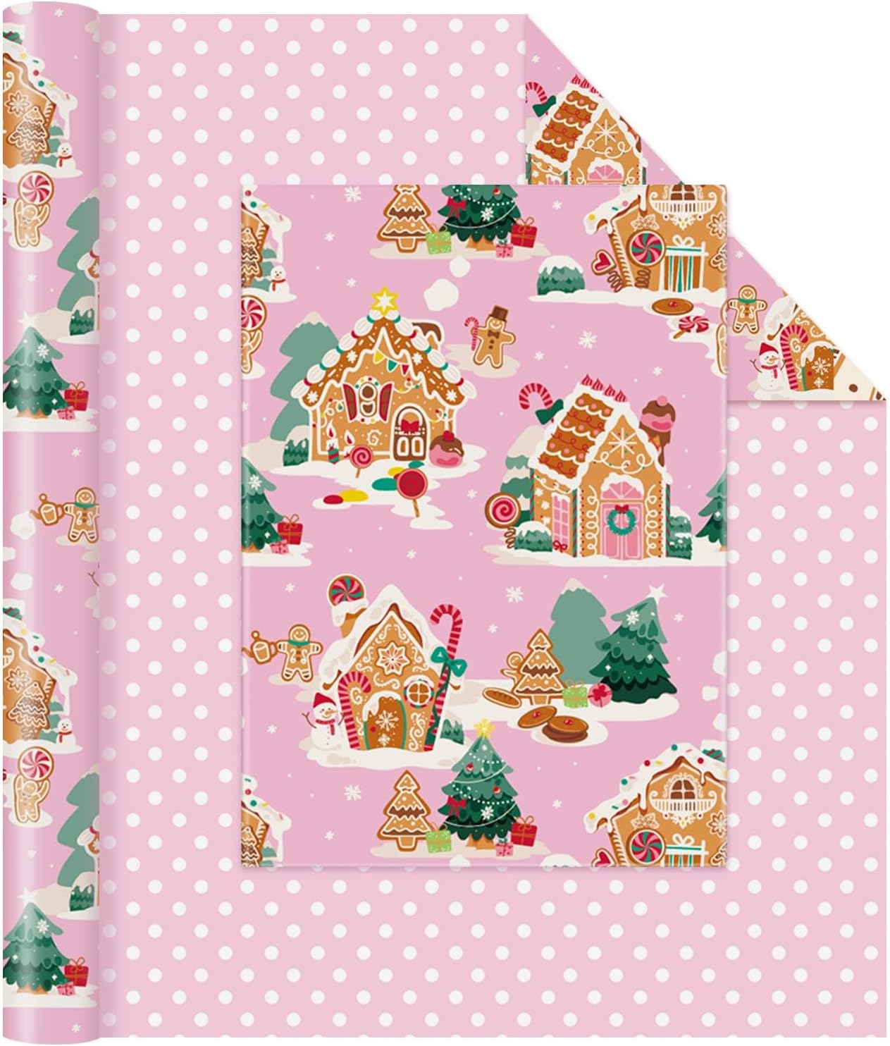 Christmas Wrapping Paper - 1 Roll 17”x 33 ft Gingerbread House Wrapping Paper Roll Reversible Christmas Tree Gift Wraps for Kids Girls Xmas Winter Holiday Party Pink Polka Dot Design