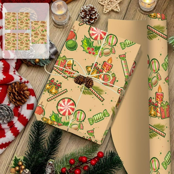 Christmas Wrapping Paper 5 Sheets, Large Kraft Gift Wrap with Santa and Snowflake Patterns for Holiday Present Packaging and Festive Decor(B)