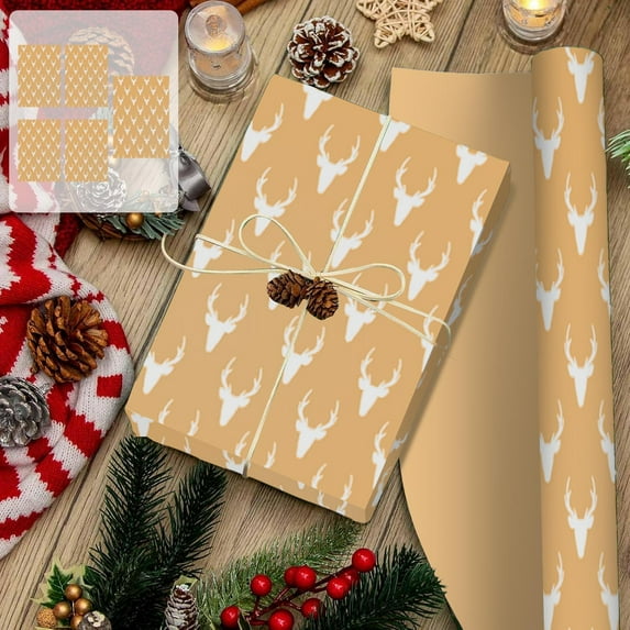 Christmas Wrapping Paper 5 Sheets, Large Kraft Gift Wrap with Santa and Snowflake Patterns for Holiday Present Packaging and Festive Decor(E)