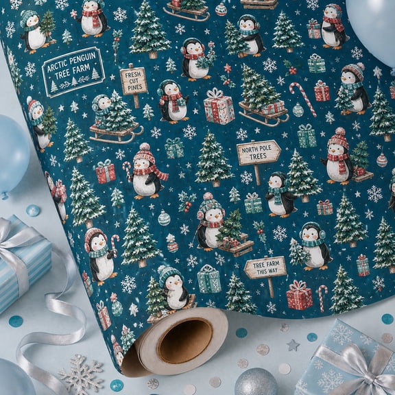 Christmas Wrapping Paper Arctic Penguin Tree Farm Gift Wrap for Holiday Gifting