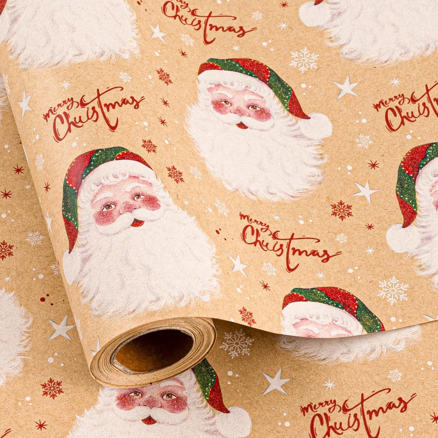 Christmas Wrapping Paper, Brown Kraft Santa Claus Design Gift Wrapping Paper Suitable for Christmas, Mini Roll (17 Inch X 32.8 Feet)