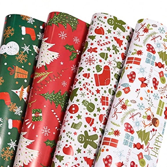 Christmas Wrapping Paper Folded for Boys Girls Man Women Gift's. Papercraft Snowmen Candy Canes Tree Socks Snowflakes Happy New Year Bulk of 12 Sheets 20"x 29" Folded