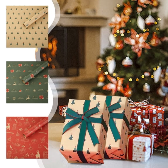 Christmas Wrapping Paper, Folded Holiday Gift Wrap with Christmas Tree Snowflakes Pattern for Present Decoration