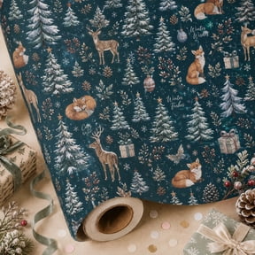 Christmas Wrapping Paper Fox and Deer Snowy Forest Gift Wrap for Holiday Present Wrapping