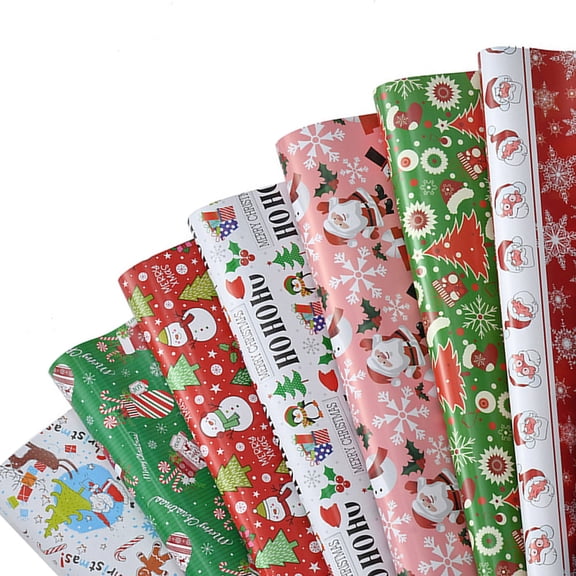 Christmas Wrapping Paper, Glossy Cartoon Santa Claus Christmas Tree Printed, 8 Sheets Assorted Festive Art Paper, Holiday Gift Wrapping for Xmas Presents Party Favors Decorations