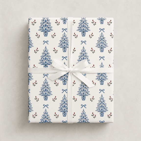 Christmas Wrapping Paper Grandmillennial Blue and White China Gift Wrap for Holiday Presents