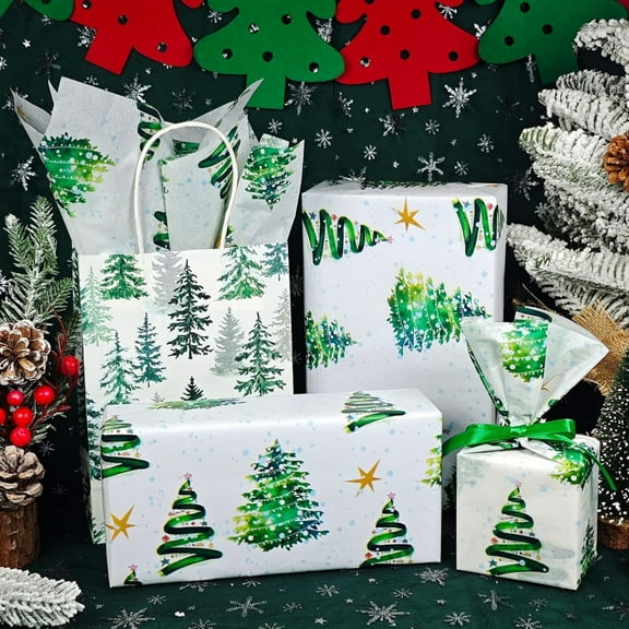 Christmas Wrapping Paper Green Holiday Gift Wrap Double Sided Decorations 74x50cm 19.69x29.13in Festive Patterns Christmas Trees Quality Tear Resistant Gift Packaging Party Supplies Craft Paper