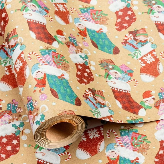 Christmas Wrapping Paper, Kraft Christmas Socks Design Gift Wrapping Paper Suitable for Holiday, Mini Roll (17 Inch X 32.8 Feet)
