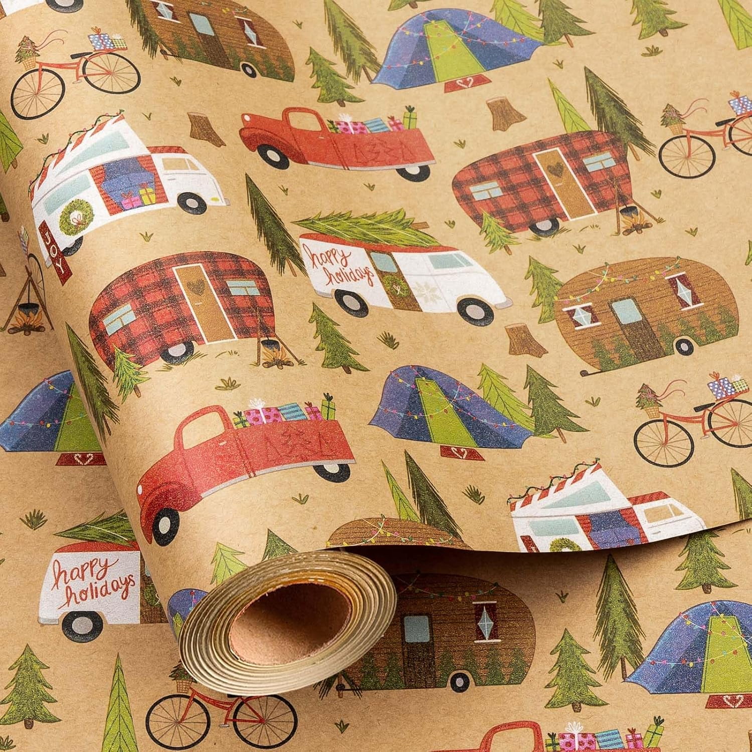 Christmas Wrapping Paper, Kraft Truck Christmas Tree Design Gift Wrapping Paper Suitable for Holiday, Mini Roll (17 Inch X 32.8 Feet)