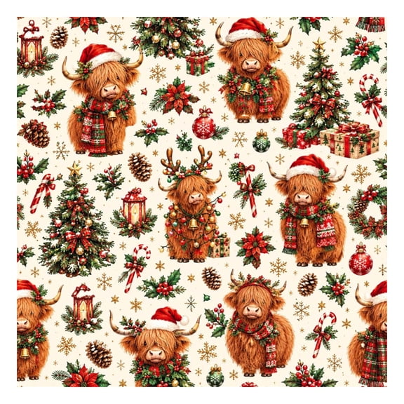 Christmas Wrapping Paper, Mini Roll, Festive Highland Cow Holiday Gift Wrap with Santa Hat & Plaid Scarf Design, DIY Craft Decoration for Christmas Presents