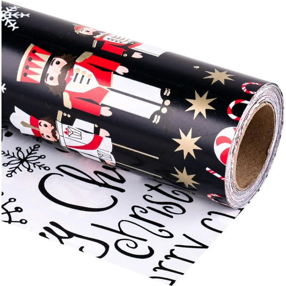 Christmas Wrapping Paper Mini Roll, Nutcracker Candy Canes Snowflake in Black & Merry Christmas in White Xmas Reversible Design Holiday Party Gift Wrap for Kids Boys Girls, 17 in x 32.8 Ft