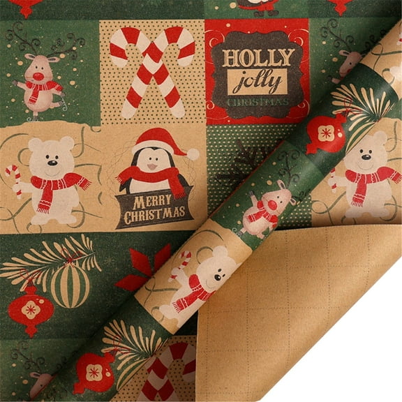 Christmas Wrapping Paper, Ongmies Retro Christmas Wrapping Paper Roll - Brown Holiday Design for Xmas and New Year Gifts, Christmas Decorations Indoor