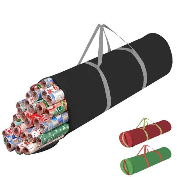 Christmas Wrapping Paper Organizer Storage, 41" Gift Wrapping Paper Storage Containers, 600D Oxford Fabric Gift Wrap Paper Holder Fits 18-25 Rolls, with Handles and Zippered, Black