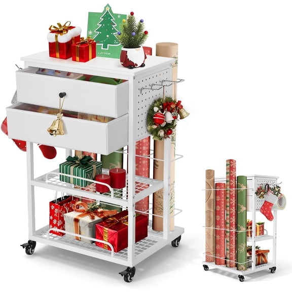 AOBAIWO Christmas Wrapping Paper Organizer Storage Cart, Heavy-Duty Gift Wrapping Organizer Storage with 2 Fabric  for Ribbons, Gift Bags, Crafts