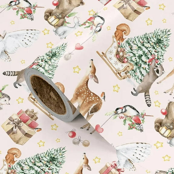 Christmas Wrapping Paper Pink Base Watercolor Painted Christmas Animals, Trees, Gifts & Stars Pattern