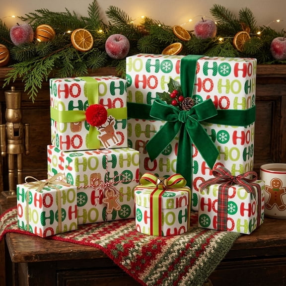 Christmas Wrapping Paper, Red Green HOHOHO Snowflake Xmas Gift Wrap, Holiday Wrapping Paper, 17x118 in