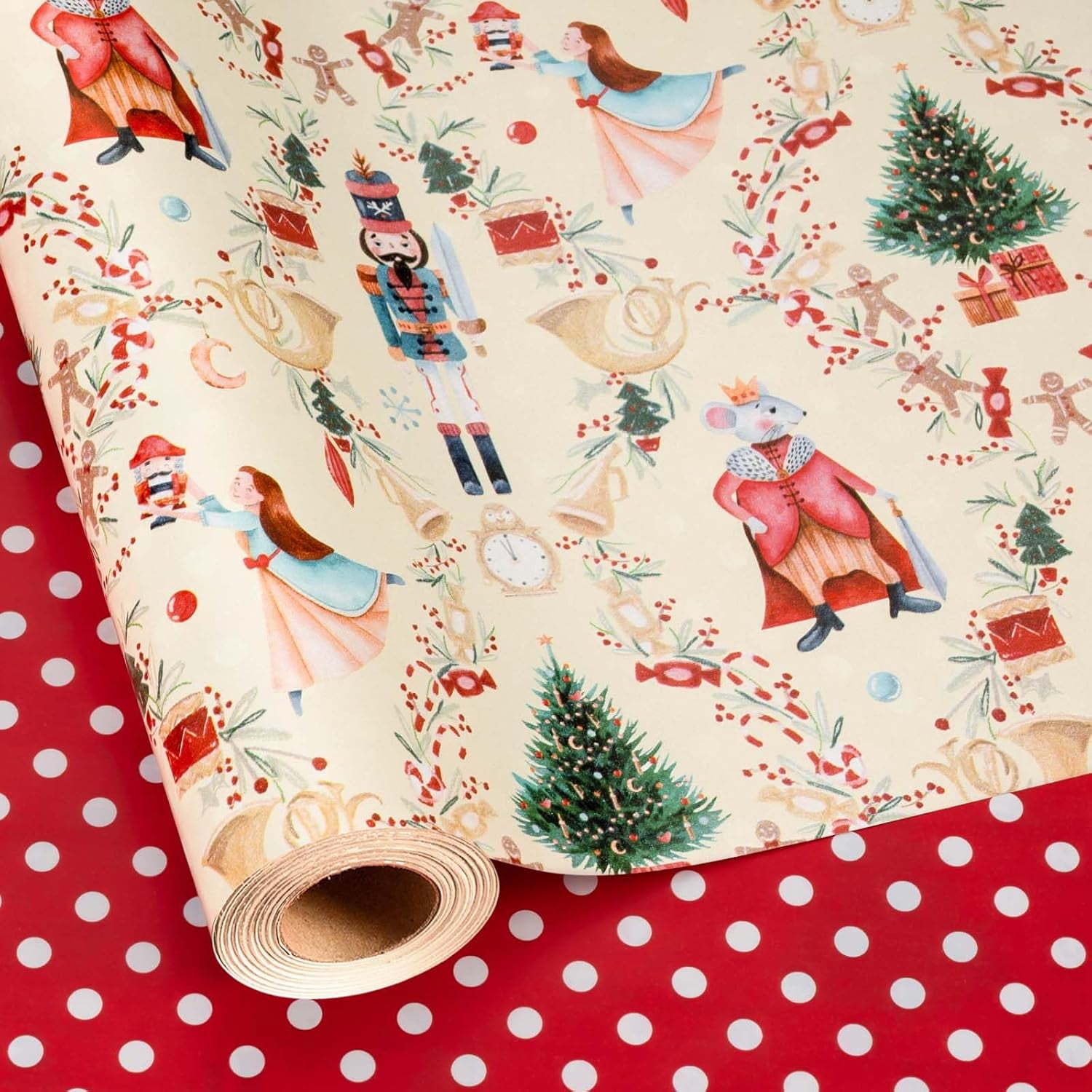 Christmas Wrapping Paper, Reversible Nutcracker, Dot Design Gift Wrapping Paper Suitable for Christmas, Mini Roll (17 Inch X 32.8 Feet)