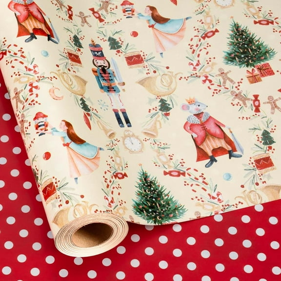 Christmas Wrapping Paper, Reversible Nutcracker, Dot Design Gift Wrapping Paper Suitable for Christmas, Mini Roll (17 Inch X 32.8 Feet)