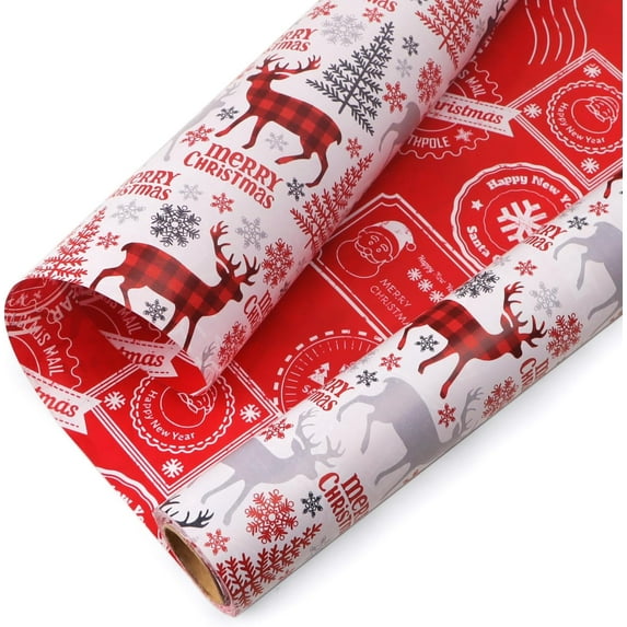 Christmas Wrapping Paper Reversible Vintage Reindeer and Christmas Stamp Gift Wrapping Paper Rolls Holiday Presents Decoration-17 Inch x 33 Feet