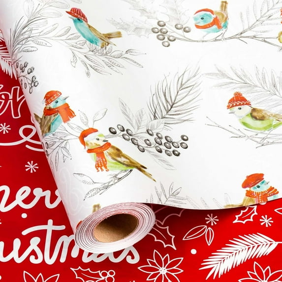 Christmas Wrapping Paper, Reversible White Redbreast, Berry Design Gift Wrapping Paper Suitable for Christmas, Mini Roll (17 Inch X 32.8 Feet)