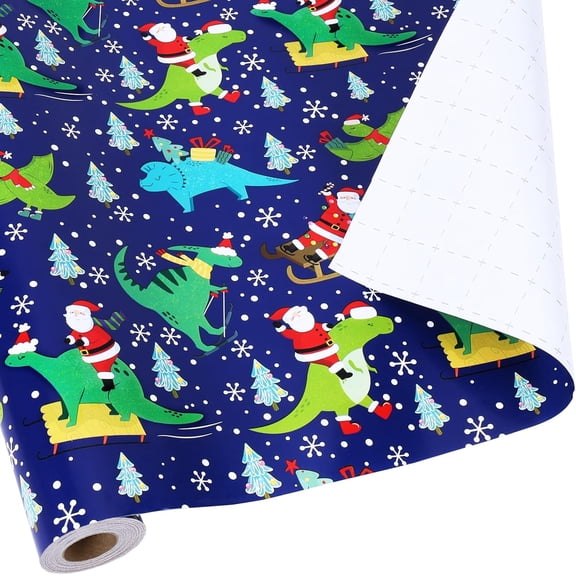 Christmas Wrapping Paper Roll - 17 Inches X 33 Feet (47 sq. ft. ttl.) Happy Dinosaur and Santa Claus Design Blue Gift Wrap for Xmas, Holiday, Party