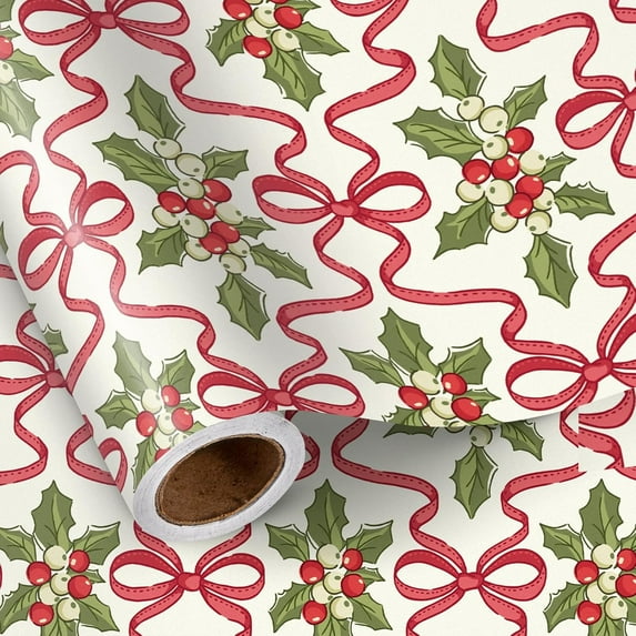 Christmas Wrapping Paper Roll – 17 in x 16.4 ft Gift Wrap with Red Ribbon Bows & Holly Berry Festive Design for Holiday Presents & Party Decorations
