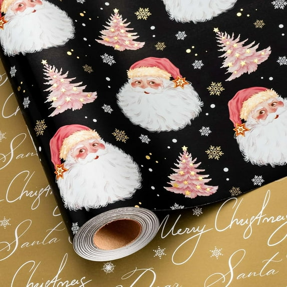 Christmas Wrapping Paper Roll - 17IN X 33FT - Black Gift Wrap Paper Featuring Santa Claus Snowflake Christmas Tree Reversible Gold for Kids, Holiday, New Year