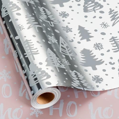 Christmas Wrapping Paper Roll - 17IN X 33FT - Christmas Gift Wrapping Paper Featuring Tree Snowflake Reversible HO for Kids, Holiday, New Year
