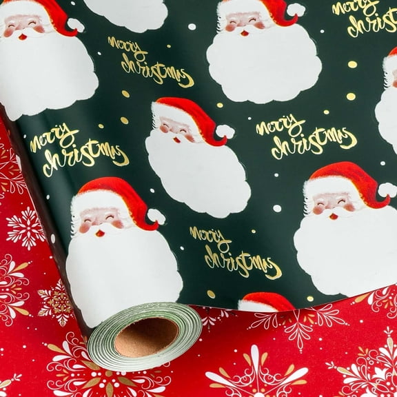 Christmas Wrapping Paper Roll - 17IN X 33FT - Green Gift Wrap Paper Featuring Santa Claus Gold Merry Christmas Reversible Snowflake for Kids, Holiday, New Year