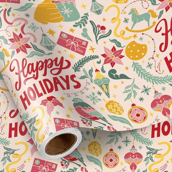 Christmas Wrapping Paper Roll 23x58 Inch Vintage Santa Claus Snowflake Festive Nostalgic Design Gift Wrap Paper for Christmas, Holiday Party Gift Packing