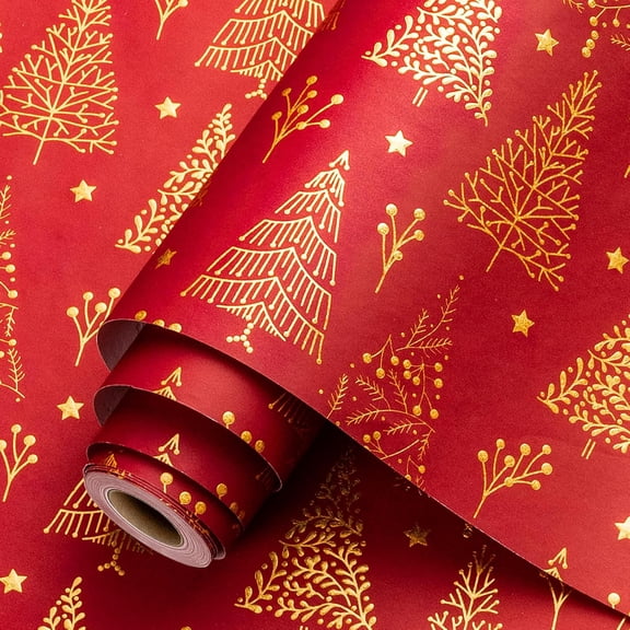 Christmas Wrapping Paper Roll - 3D Embossed Gold Foil Trees Gift Wrap for Christmas, New Year, Winter Holiday, Mini Roll - 17in x 33ft