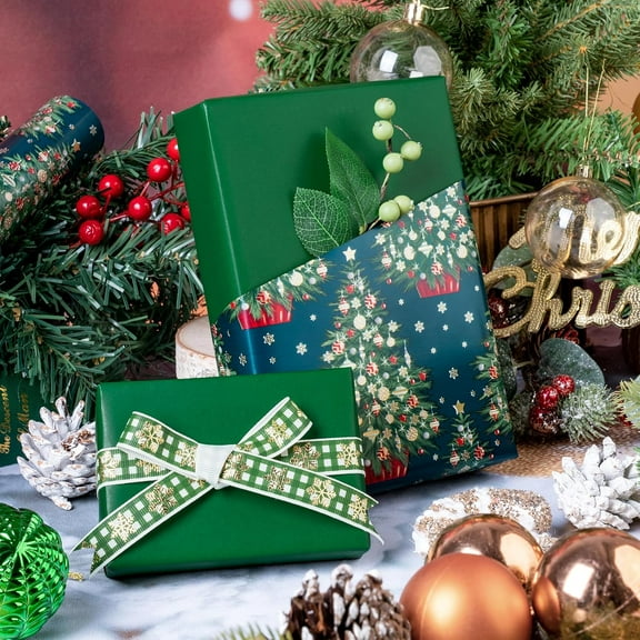 Christmas Wrapping Paper Roll 58"x23" Red and Green Christmas Tree Floral Reindeer Snowflakes Santa Pinecone Gift Wrap Paper for Birthday Family Holiday